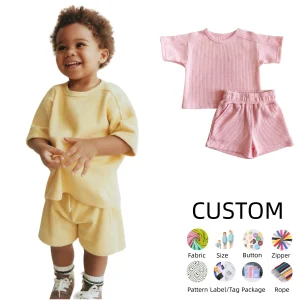 OEM Baby Summer Clothes Boy's 2 Piece Casual Summer Outfits Waffle Knit Short Sleeve T Shirt and Track Shorts Sets