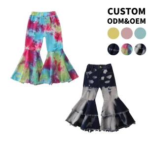RTS Baby Girl Ripped Jeans Hot Sell  Kids Retro Flare Pant Toddler Girls Bell Bottom Denim Jeans