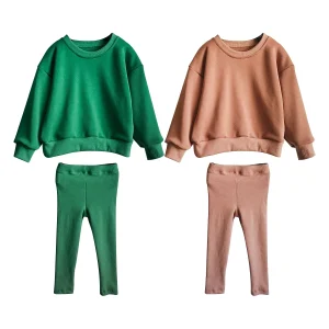Custom Quality Solid Casual Suit Crewneck Pullover Sweatershirt Matching Bike Pants Kids Fall Outfit Sets