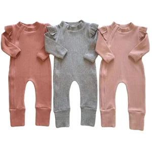 Custom Infant Ribbed Unisex Frill Jumpsuit Autumn  Long Sleeve Hidden Two Way Side Zipper Baby Romper Pajamas Set