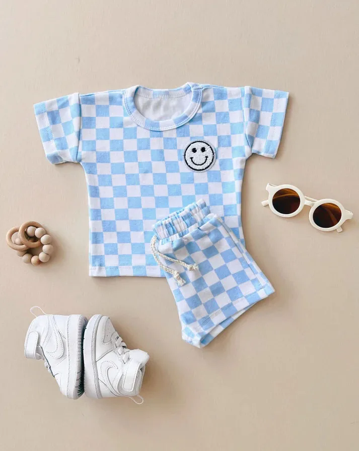 Checkerboard Print and a Little Smile Face Summer Baby Set Short Sleeve Shirt and Shorts Outfit - Image 3