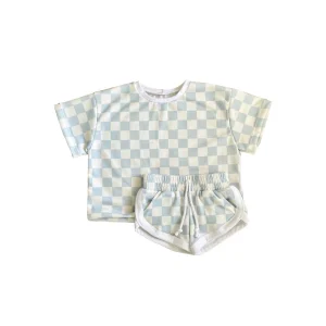 Custom Checkered Summer Baby Toddler Track Short Sets Outfits