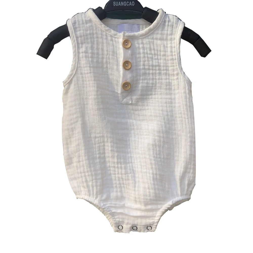 Toddler Girls Boys Summer Sleeveless Bodysuit Unsex Baby Muslin Jumpsuit with Button Muslin Romper - Image 2