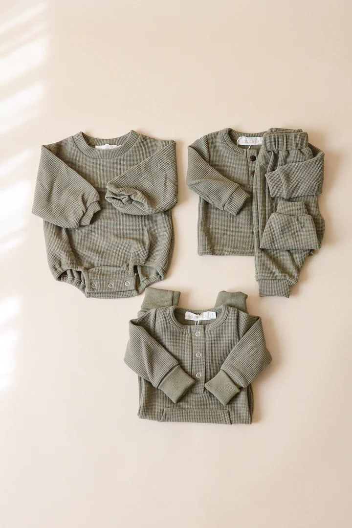 Custom Waffle Jogger Set Long Sleeve Button Solid Color Shirt Baby Kids Waffle Tracksuit Clothes Set - Image 2