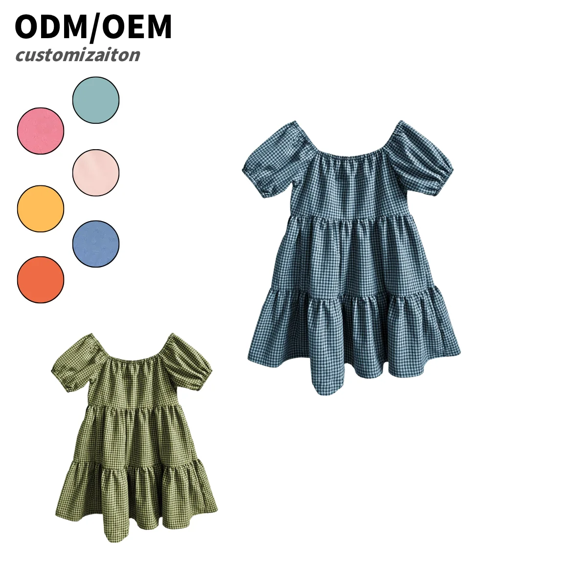Summer Trendy Girls Dress Long Elegant Fairy-Style Close-Fitting Soft Cotton and Linen Checkered Design