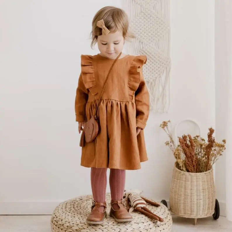 Australian Style Fashion Linen Baby Dress Girls Clothing with Flutter Long Sleeve for Autumn Solid Pattern Mixed Type Children - Image 2