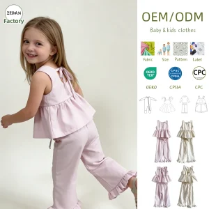 Summer Girl's Outfit Organic Crinkle Gauze Girls Set Tie Shoulder Smocked Peplum Top & Wide Leg Pants Summer Outfit 0-10T
